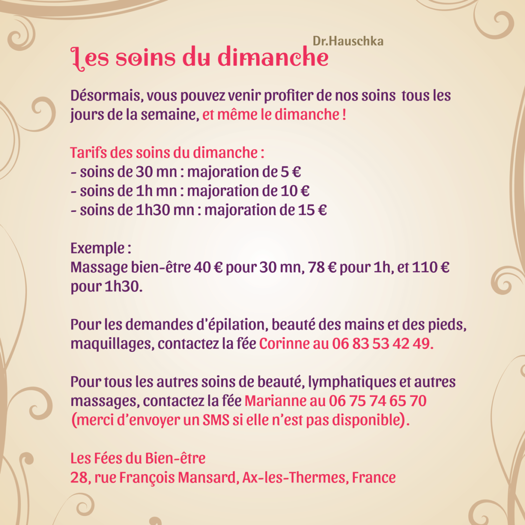 Soins de beauté et massages le dimanche